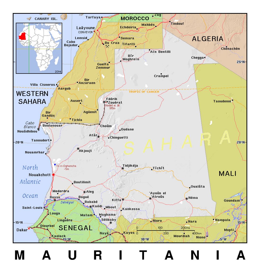Детальная политическая карта Мавритании с рельефом