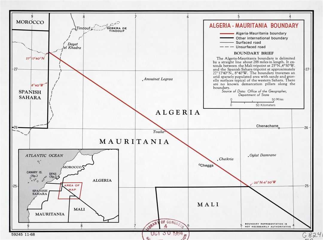 Большая детальная карта границы Алжира и Мавритании - 1968