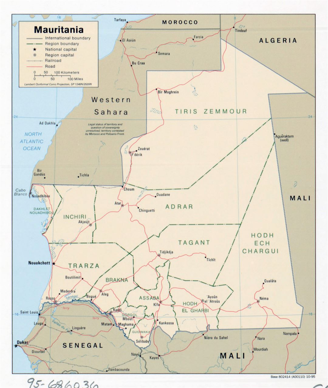 Большая детальная политическая и административная карта Мавритании с дорогами, железными дорогами и крупными городами - 1995