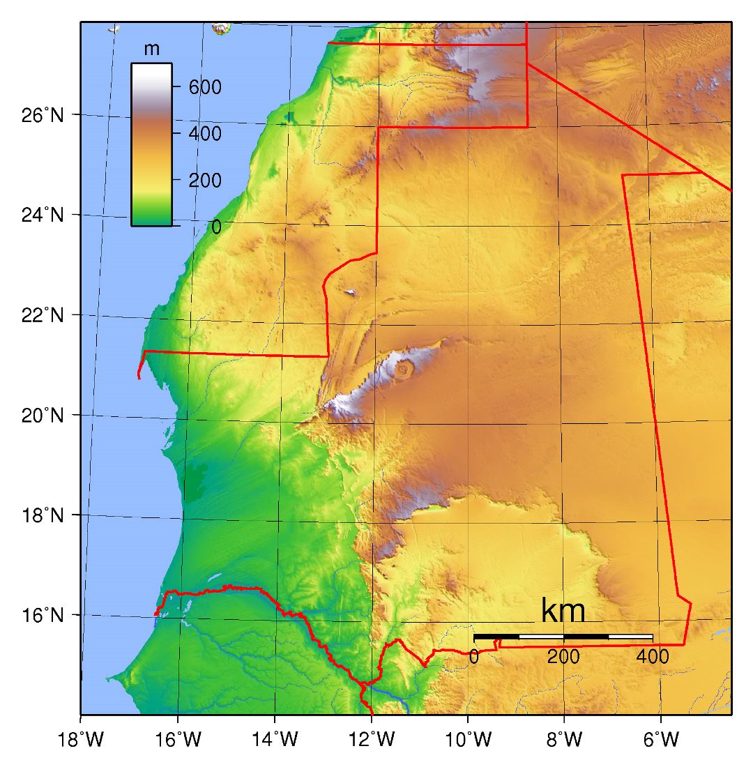 Большая физическая карта Мавритании