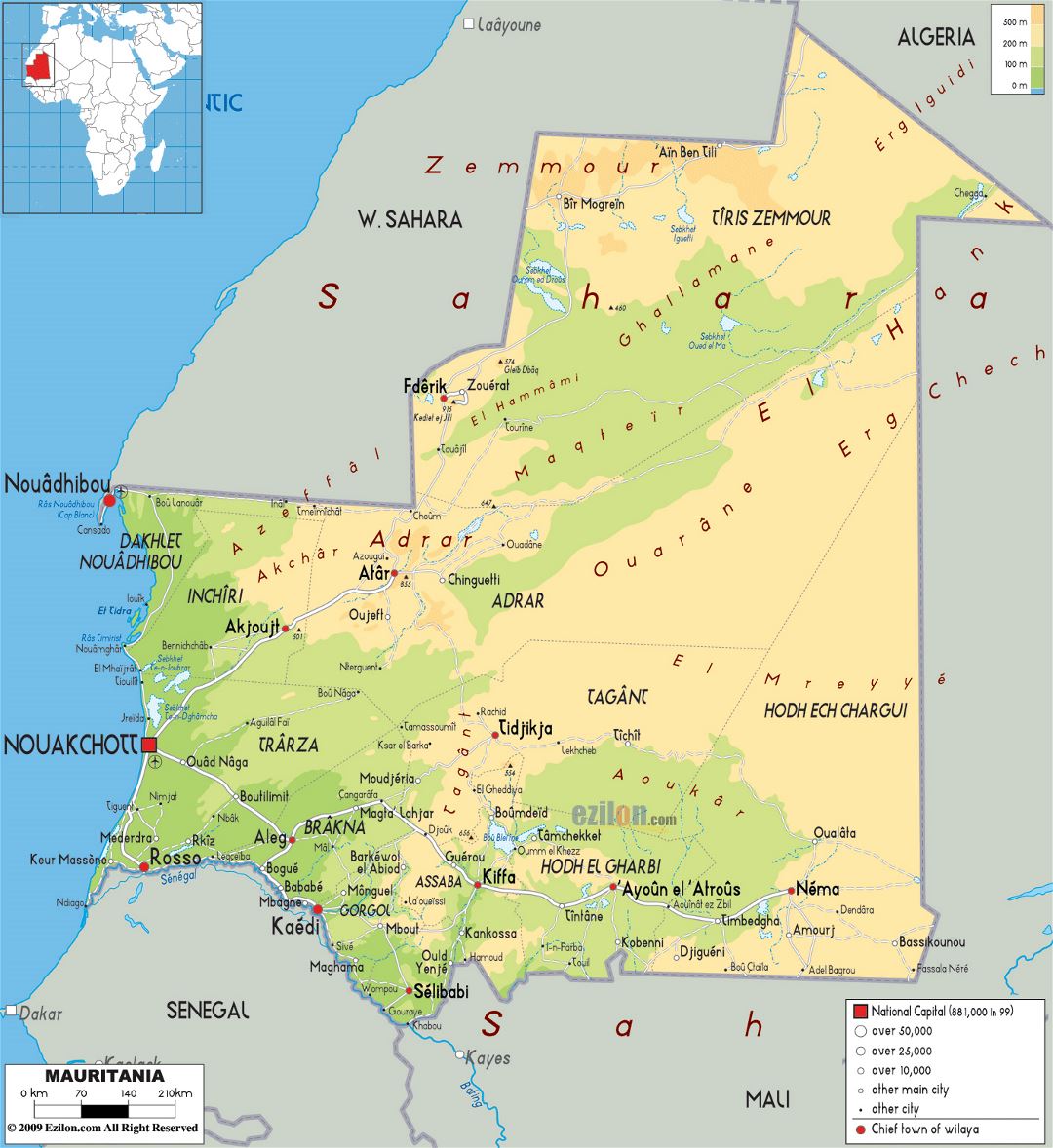Большая физическая карта Мавритании с дорогами, городами и аэропортами