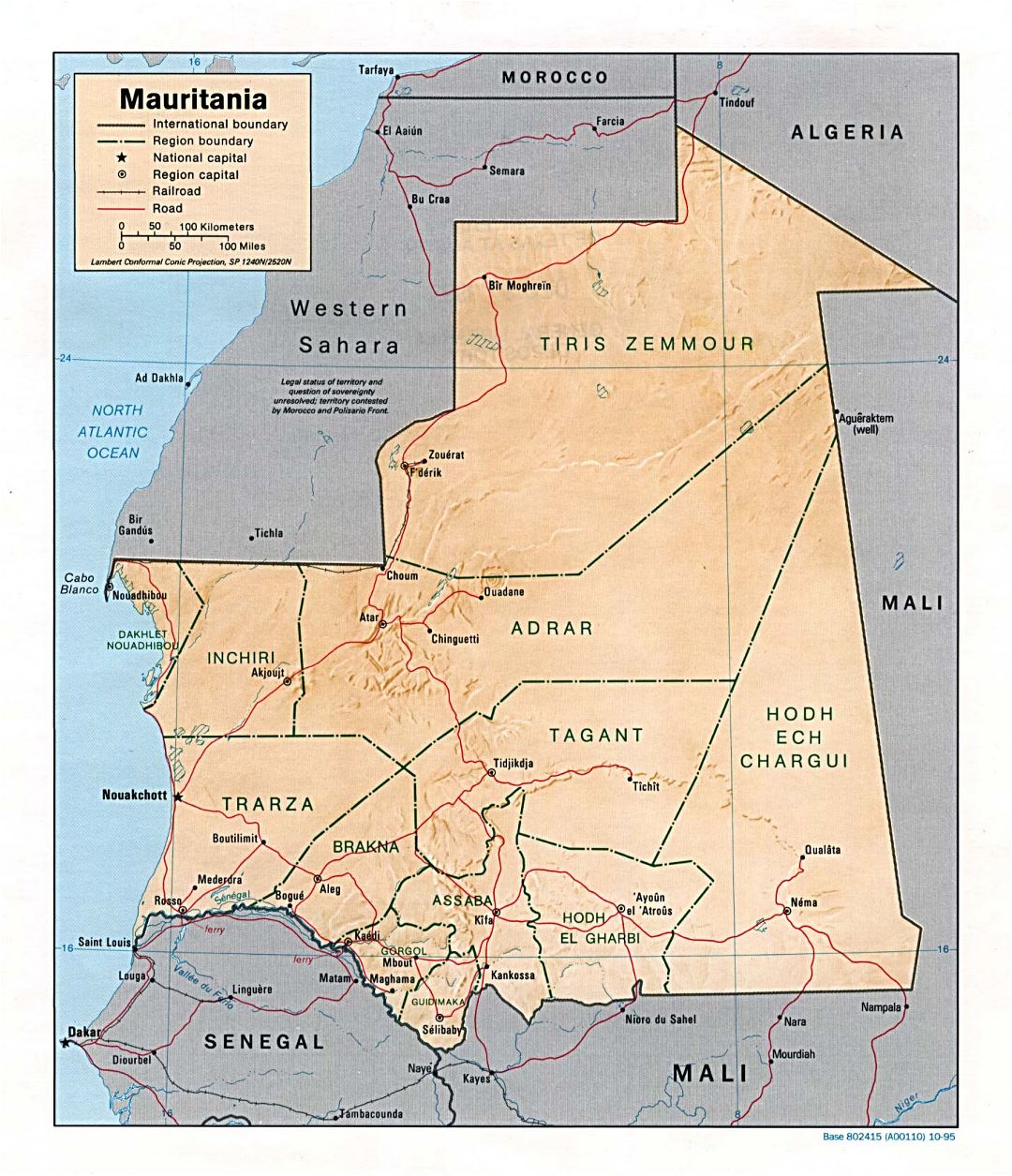Большая политическая и административная карта Мавритании с рельефом, дорогами, железными дорогами и крупныеми городами - 1995