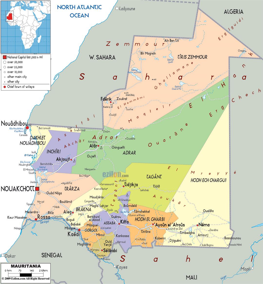 Большая политическая и административная карта Мавритании с дорогами, городами и аэропортами