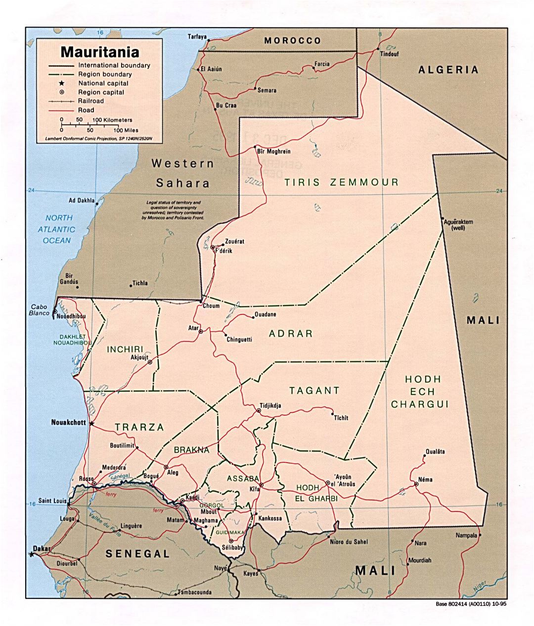Большая политическая и административная карта Мавритании с дорогами, железными дорогами и крупными городами - 1995