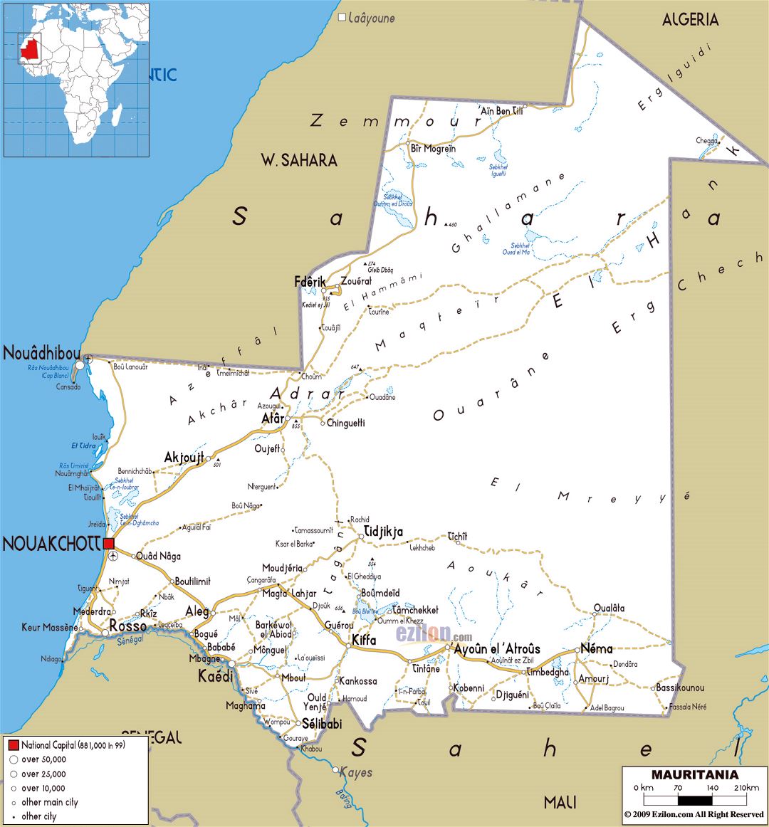 Большая карта дорог Мавритании с городами и аэропортами