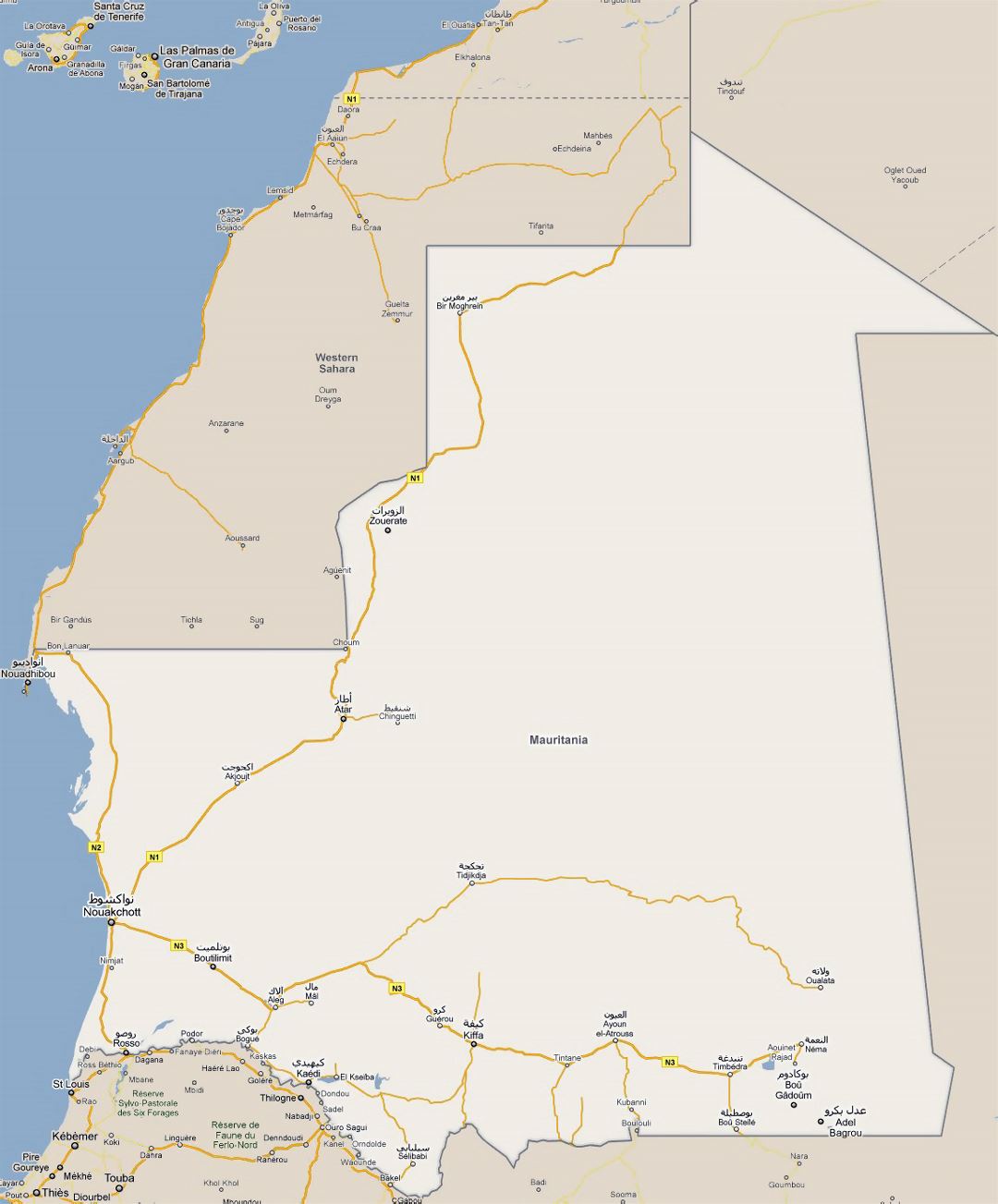 Большая карта дорог Мавритании с городами