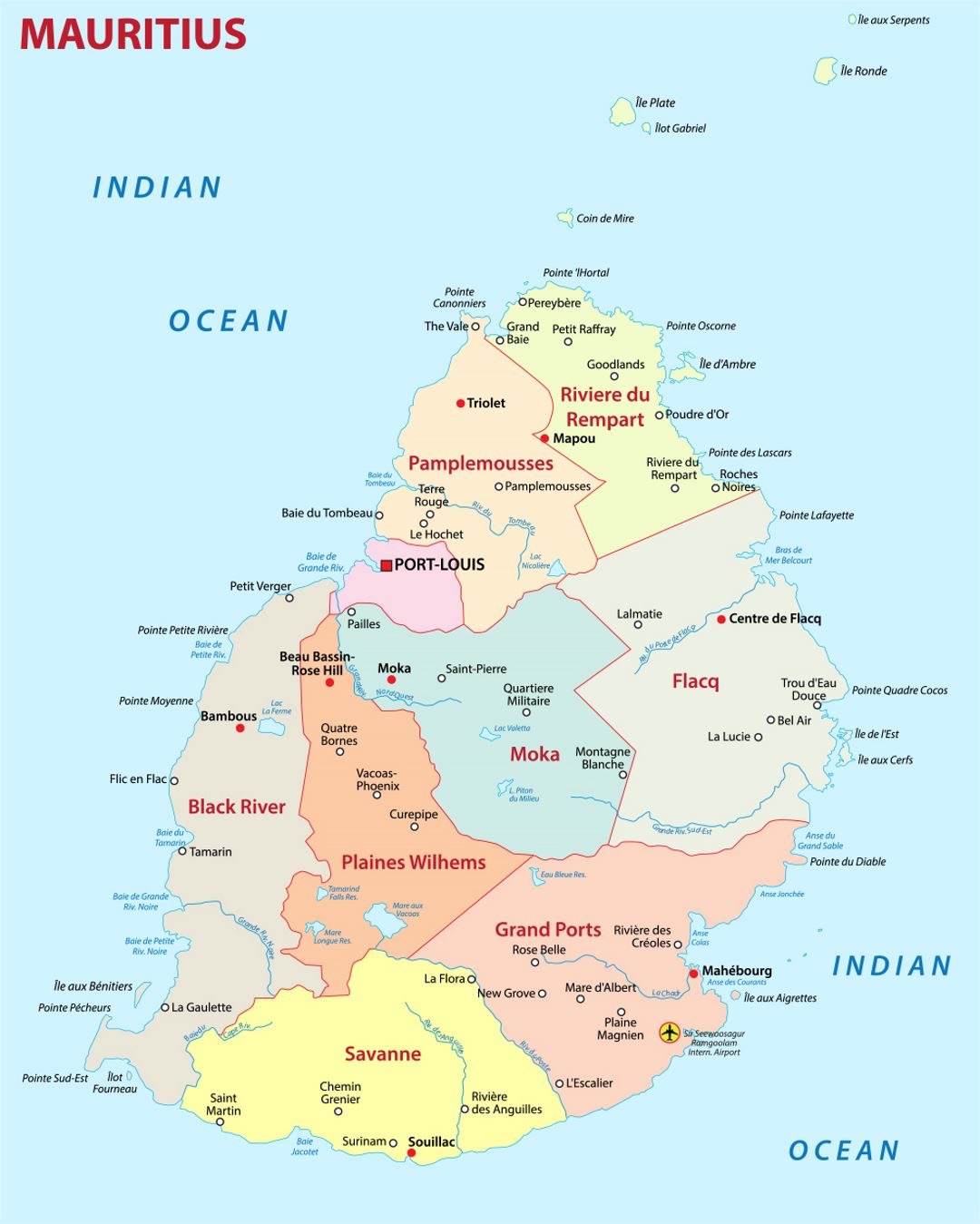Детальная административная карта Маврикия с городами и аэропортами