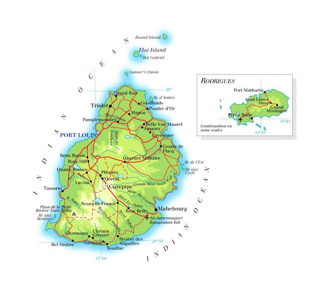 Детальная карта высот Маврикия с дорогами, городами и аэропортами