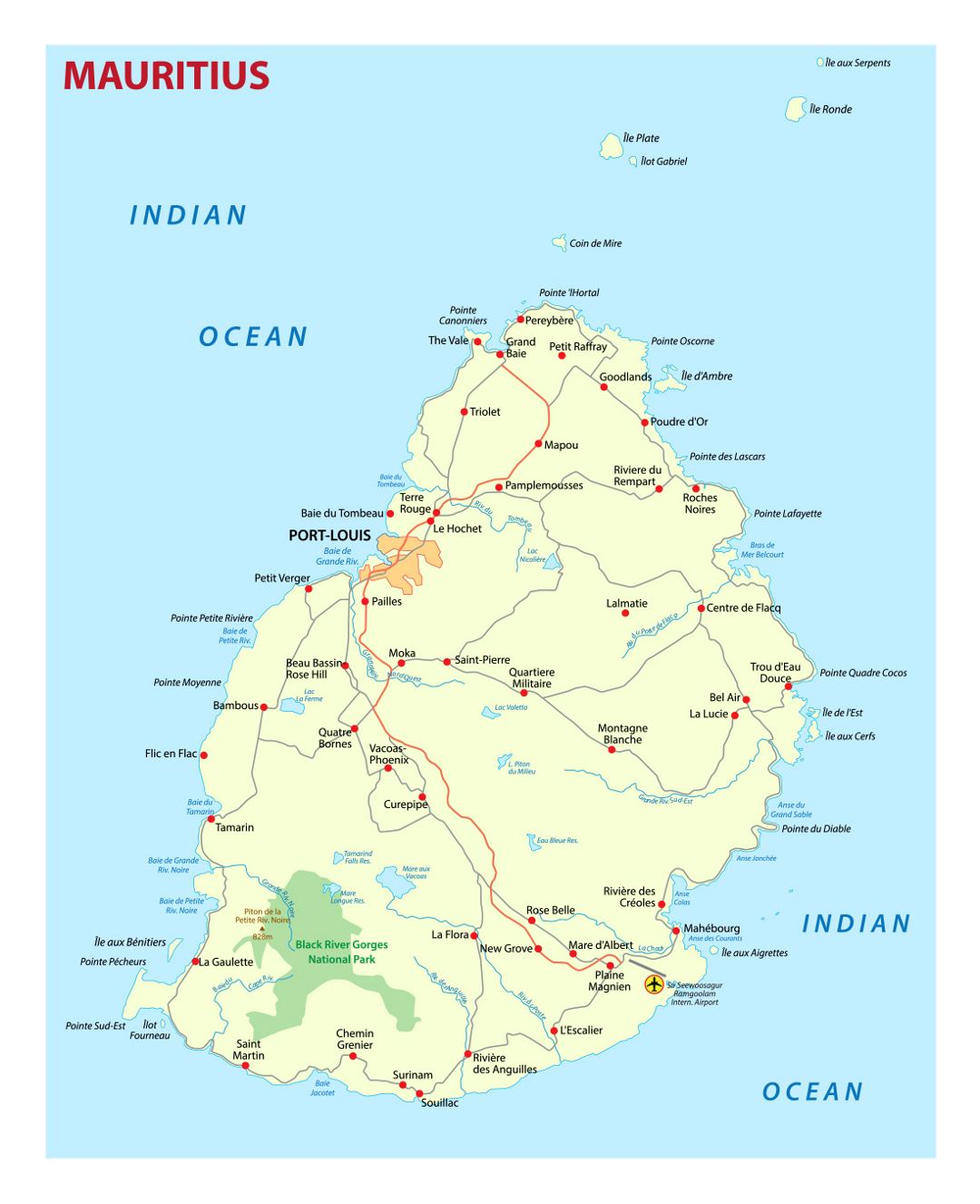 Детальная карта Маврикия с дорогами и городами