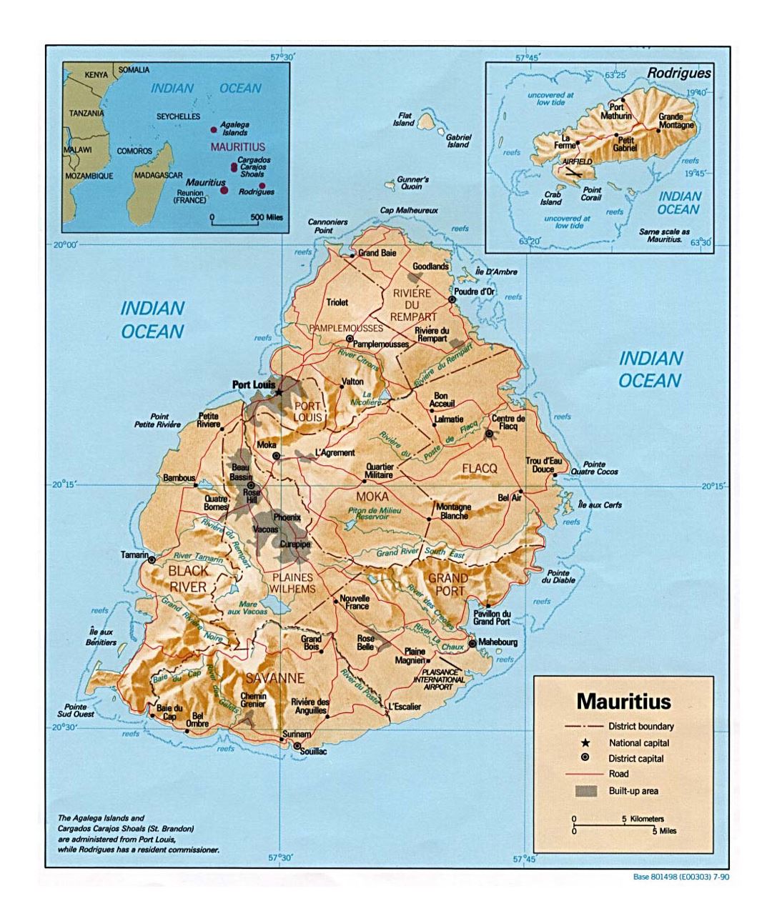 Детальная политическая и административная карта Маврикия с рельефом, дорогами и крупными городами - 1990
