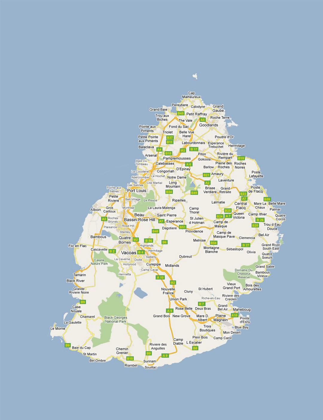 Детальная карта дорог Маврикия со всеми городами и деревнями