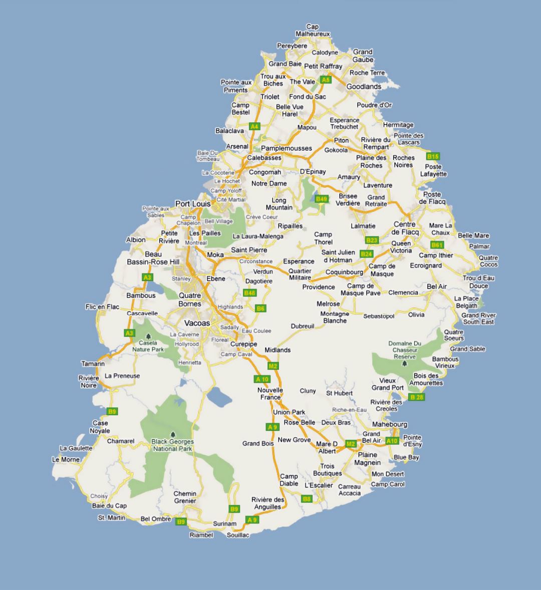 Детальная карта дорог Маврикия с городами и деревнями