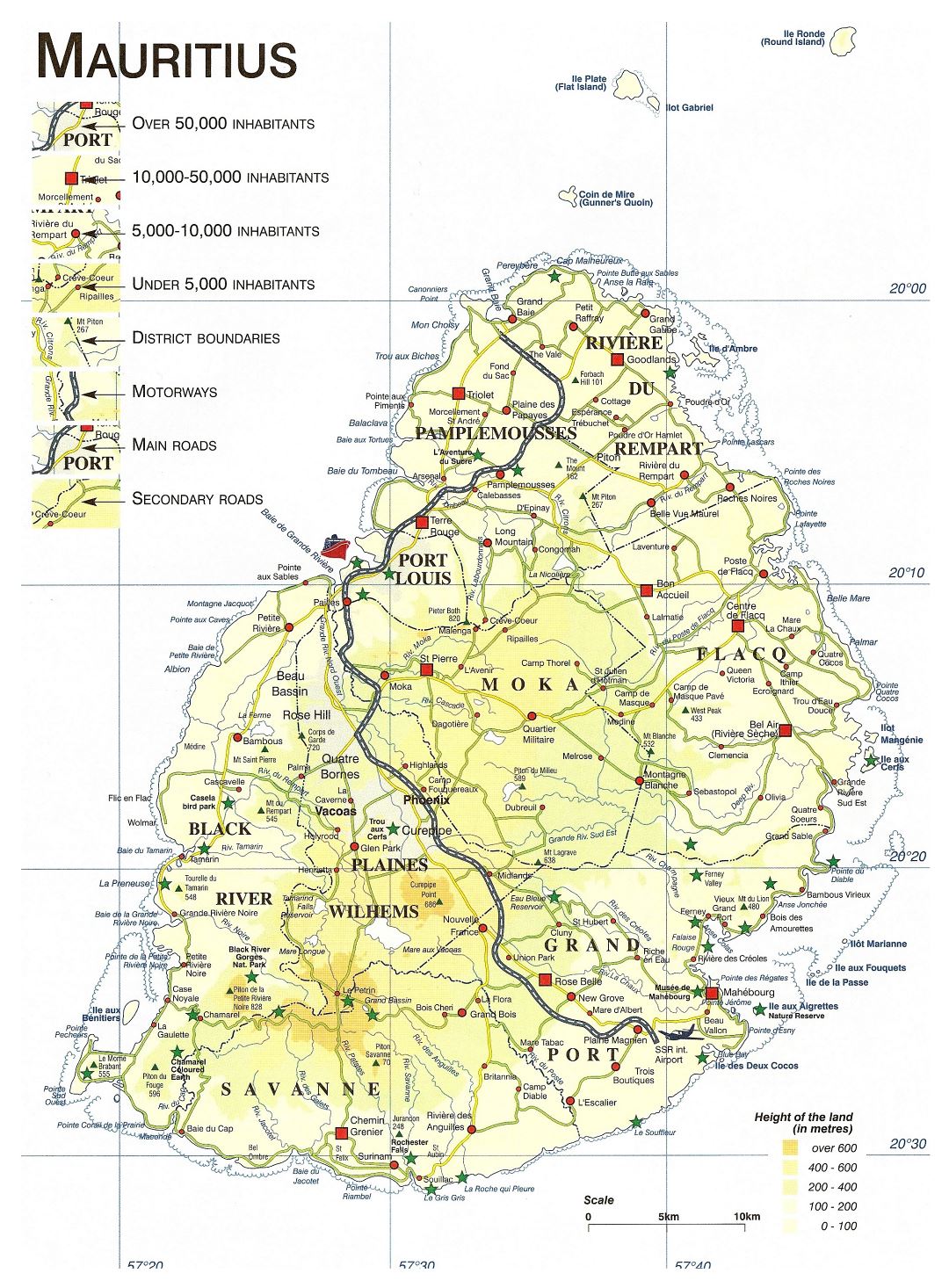Большая детальная карта высот Маврикия с дорогами, городами и другими пометками