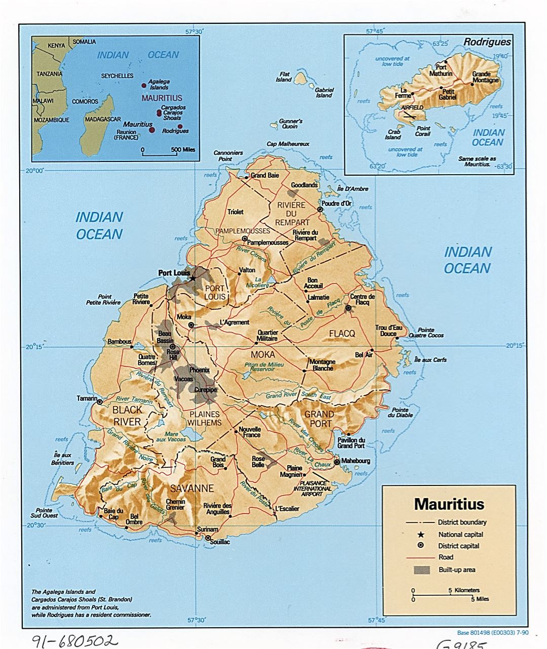 Большая детальная политическая и административная карта Маврикия с рельефом, дорогами и крупными городами - 1990