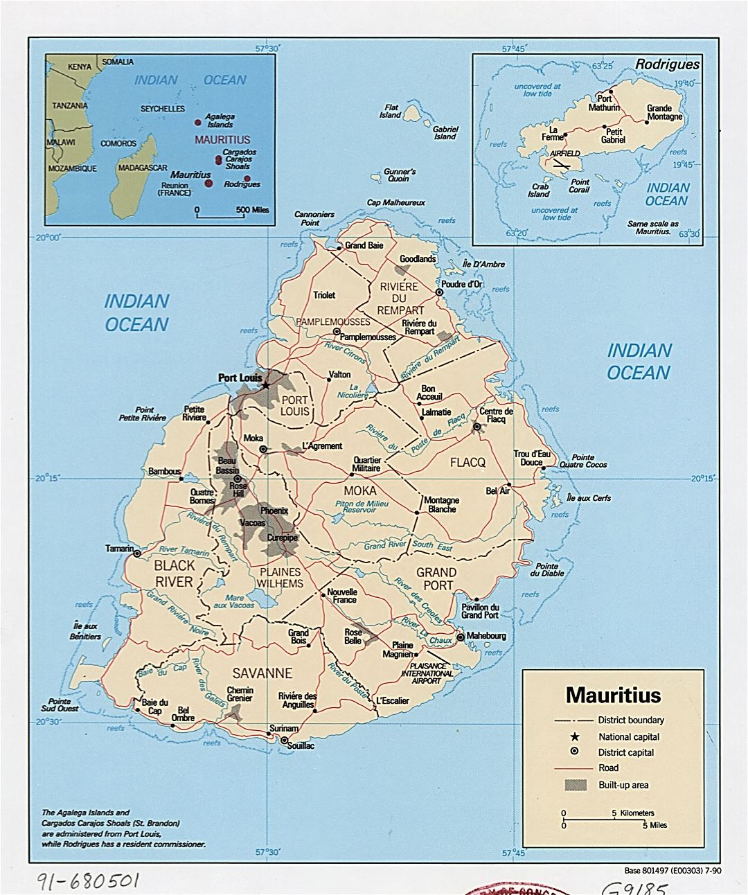 Большая детальная политическая и административная карта Маврикия с дорогами и крупными городами - 1990