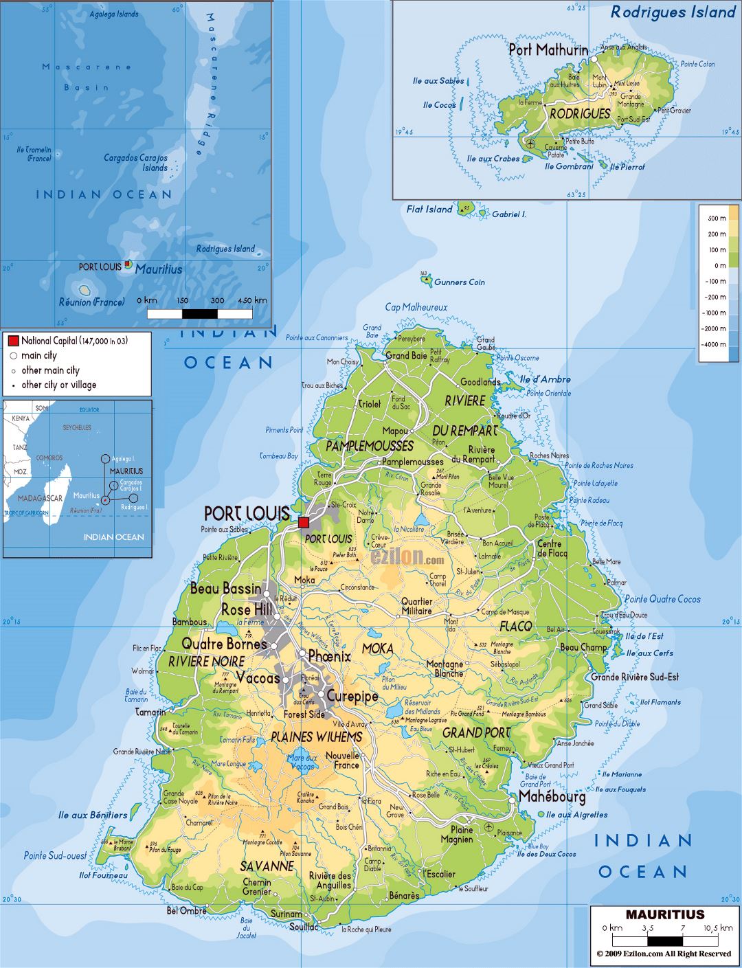 Большая физическая карта Маврикия с дорогами, городами и аэропортами
