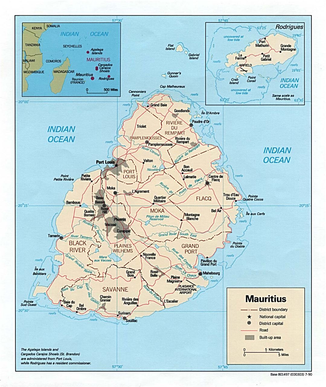 Большая политическая и административная карта Маврикия с дорогами и крупными городами - 1990