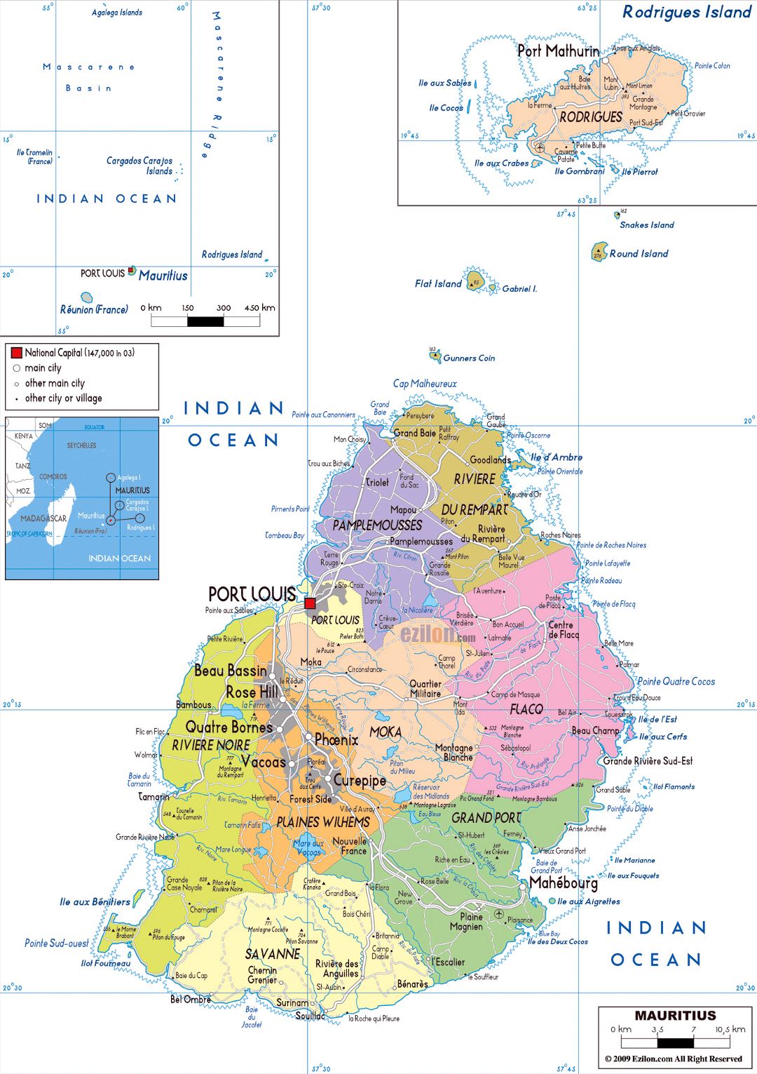 Большая политическая и административная карта Маврикия с дорогами, городами и аэропортами