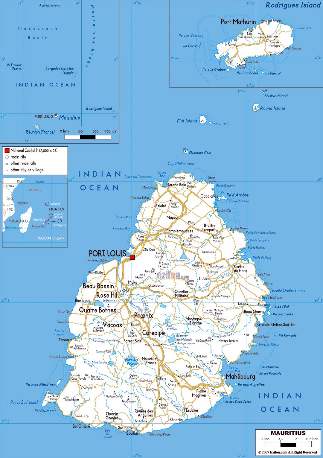 Большая карта дорог Маврикия с городами и аэропортами