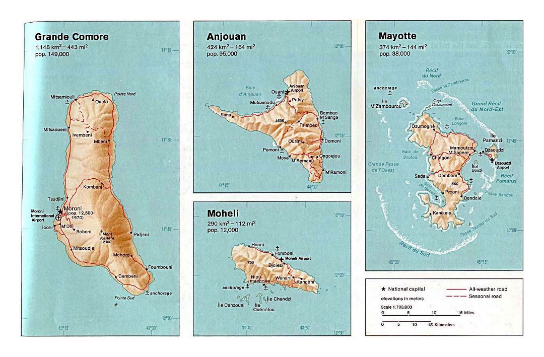 Детальная политическая карта Гранде Коморе, Анжуан, Мохели и Майотта с рельефом, дорогами, городами, портами и аэропортами