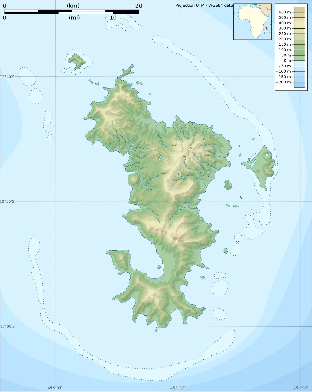 Большая физическая карта острова Майотта