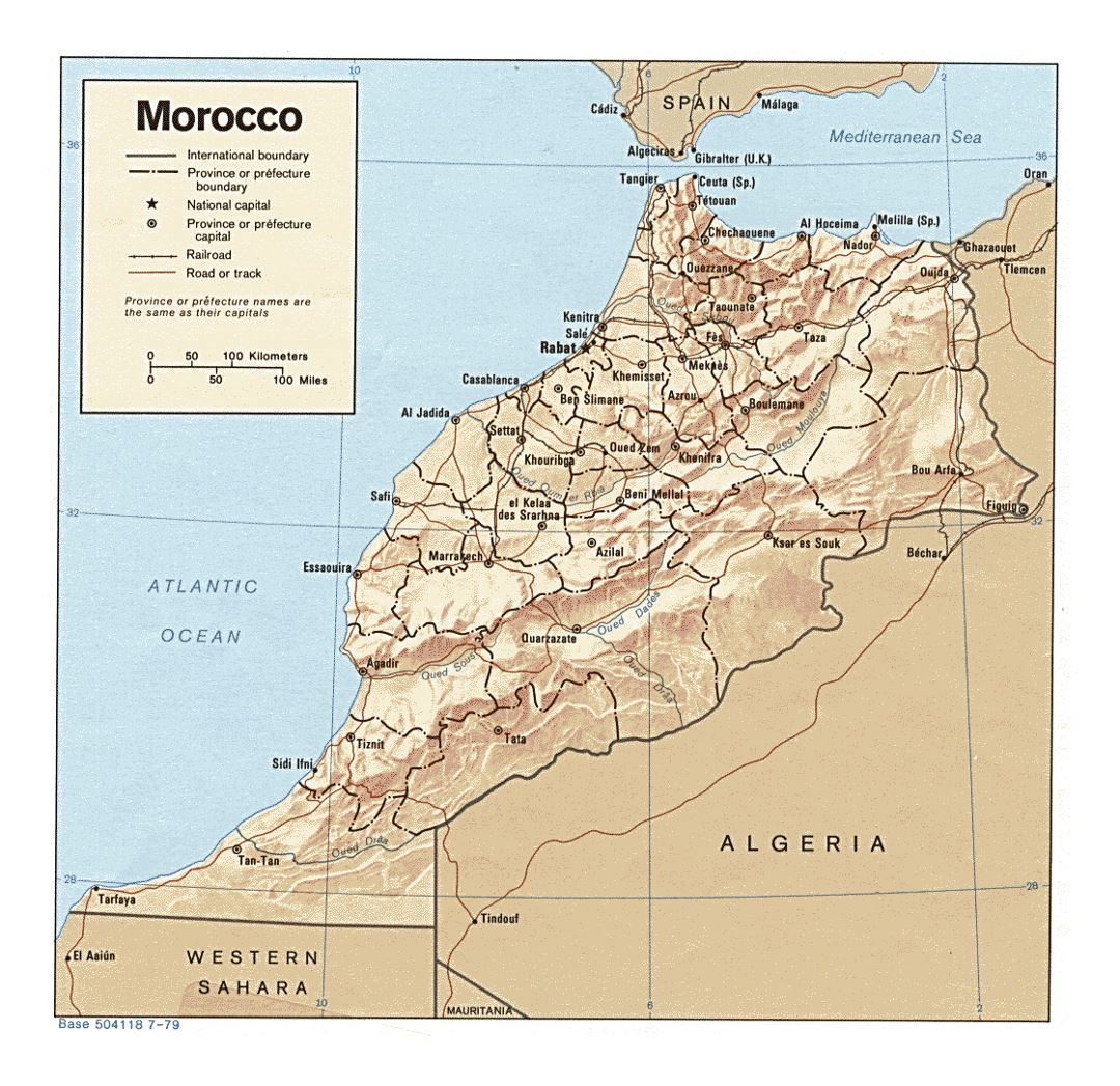 Детальная политическая и административная карта Марокко с рельефом, дорогами, железными дорогами и крупными городами - 1979