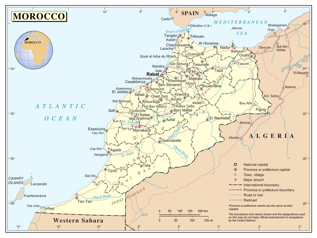 Большая детальная политическая и административная карта Марокко с дорогами, железными дорогами, городами и аэропортами
