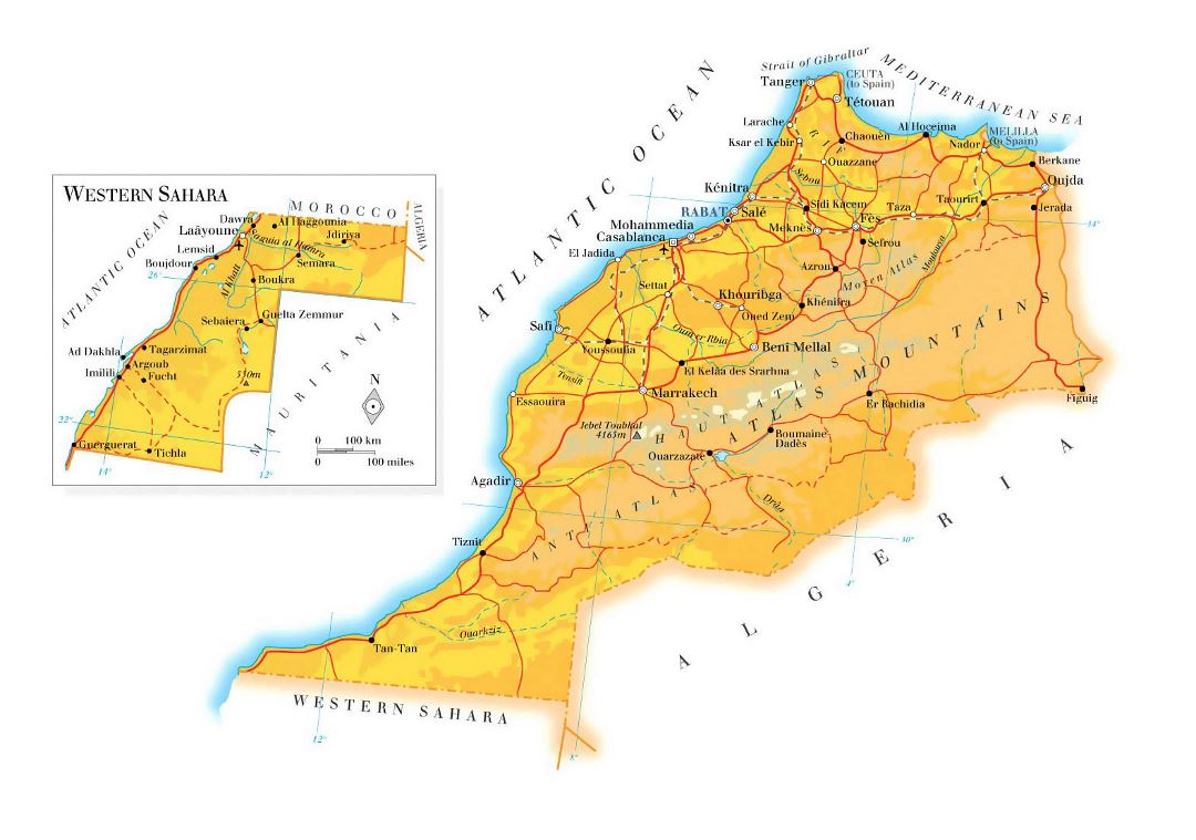 Большая карта высот Марокко с дорогами, железными дорогами, городами и аэропортами