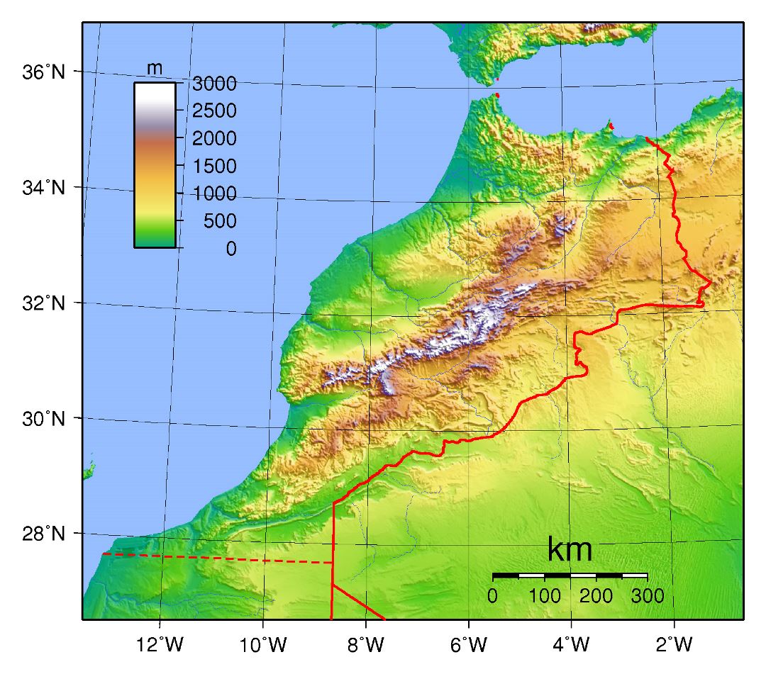 Большая физическая карта Марокко
