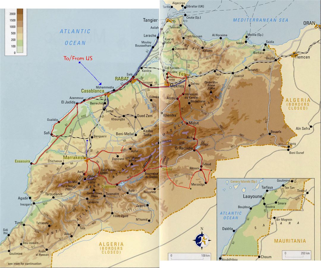 Большая физическая карта Марокко с дорогами и городами