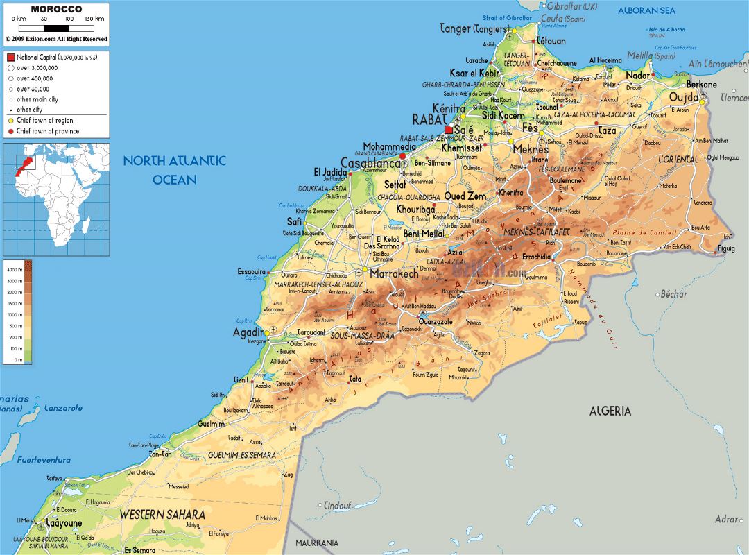 Большая физическая карта Марокко с дорогами, городами и аэропортами