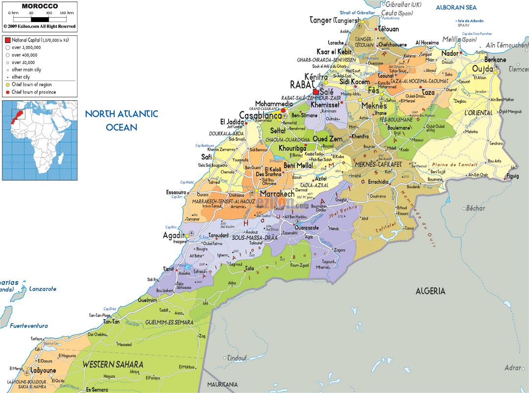 Большая политическая и административная карта Марокко с дорогами, городами и аэропортами