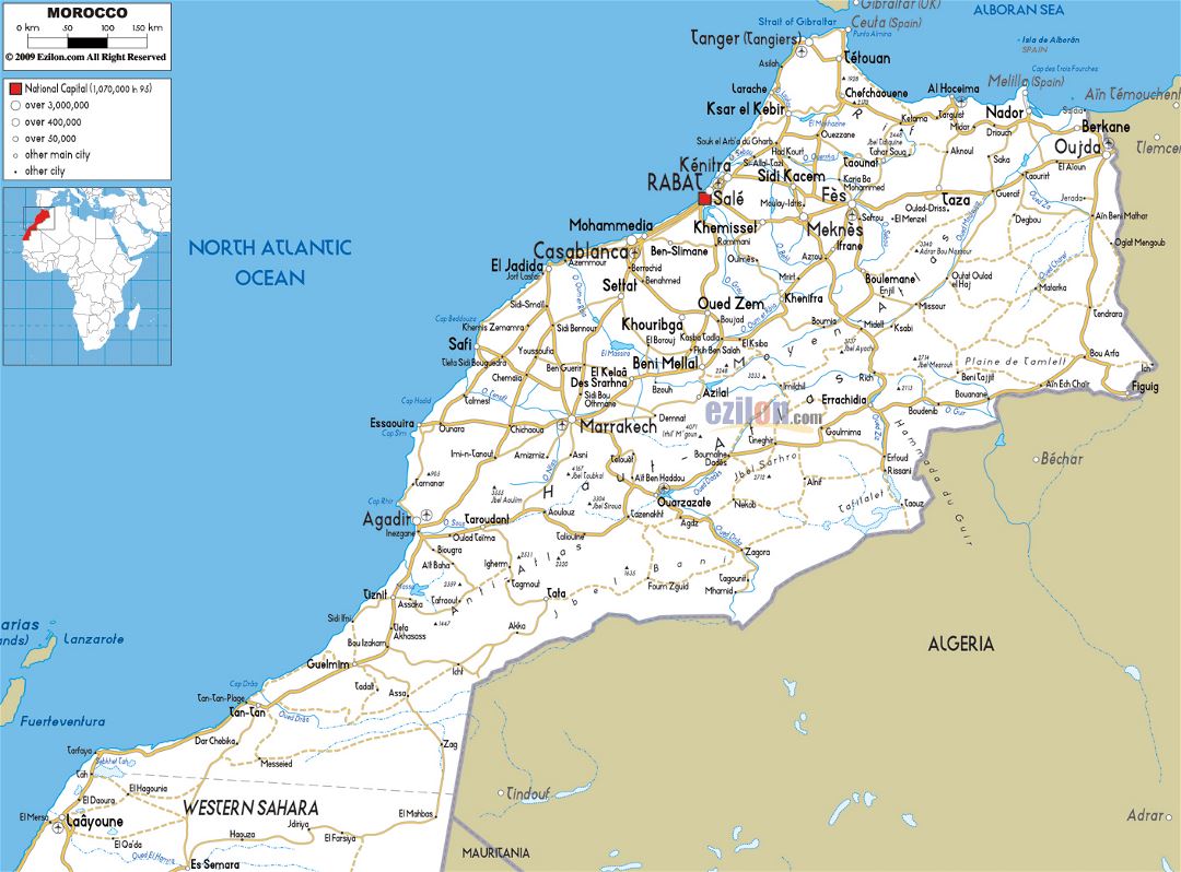 Большая карта дорог Марокко с городами и аэропортами