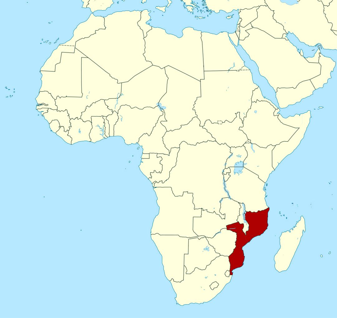 Детальная карта расположения Мозамбика в Африке