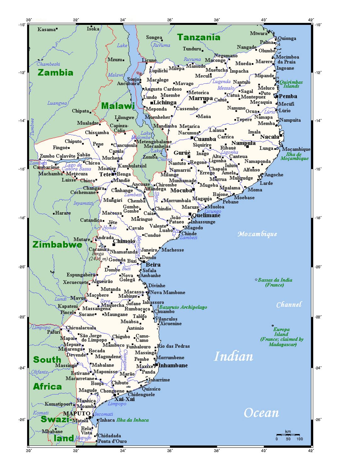 Детальная карта Мозамбика с городами
