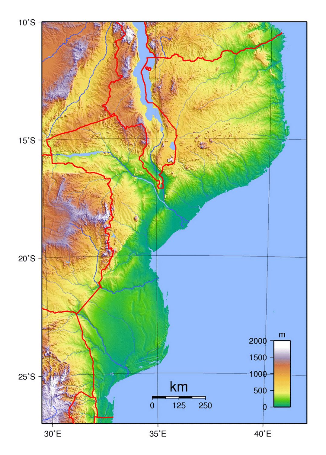 Детальная физическая карта Мозамбика