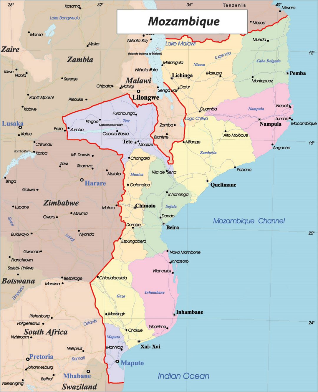 Детальная политическая и административная карта Мозамбика с дорогами и крупными городами