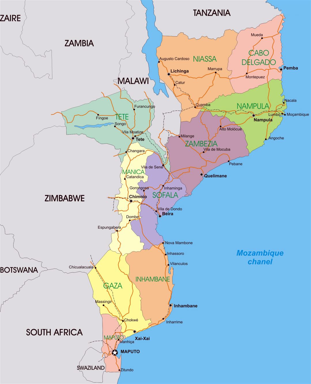 Большая детальная политическая и административная карта Мозамбика