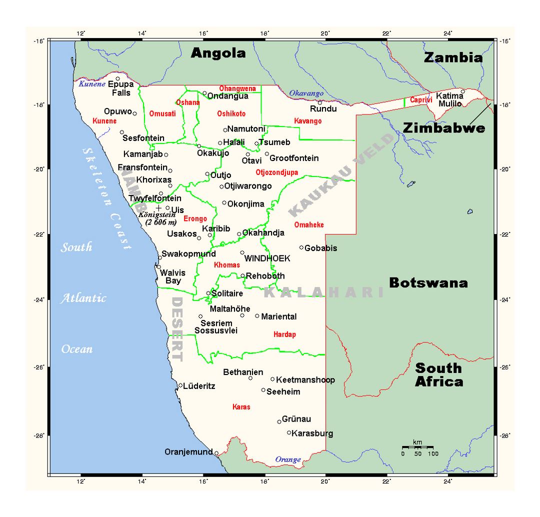 Детальная карта Намибии с городами