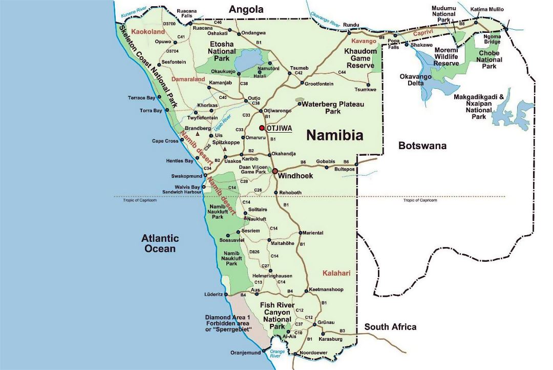 Детальная карта национальных парков Намибии и Ботсваны