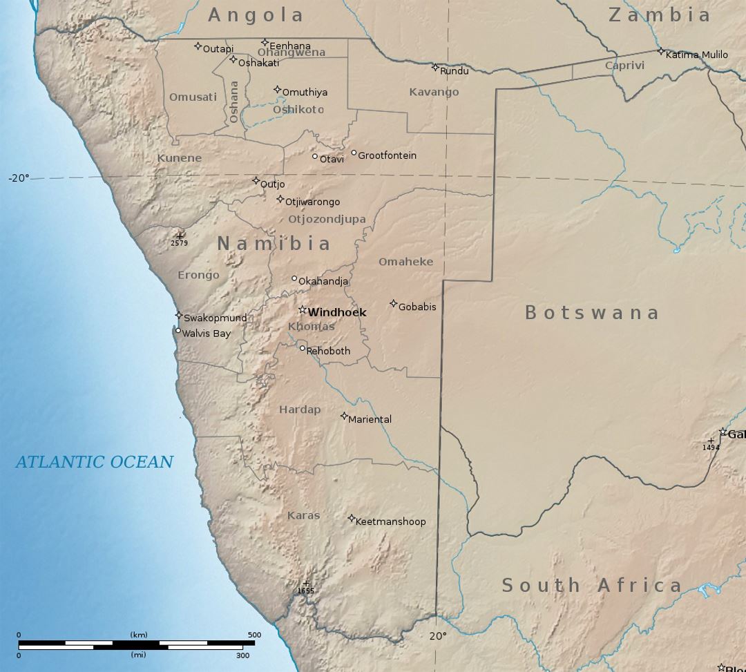 Детальная политическая и административная карта Намибии с рельефом и крупными городами