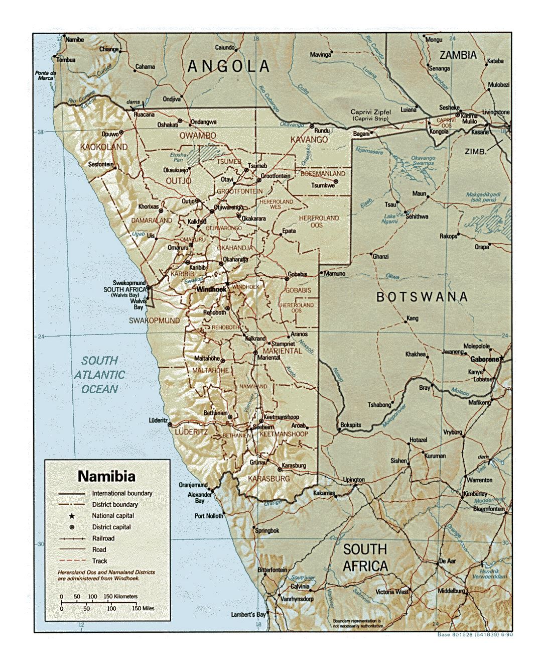 Детальная политическая и административная карта Намибии с рельефом, дорогами, железными дорогами и крупными городами - 1990