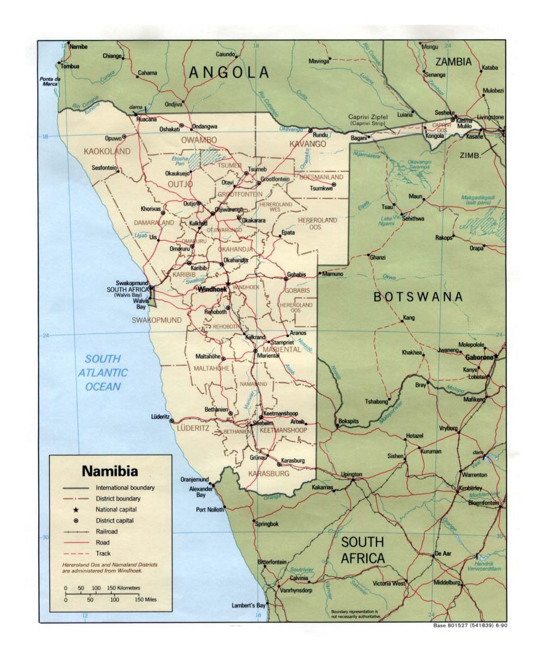Детальная политическая и административная карта Намибии с дорогами, железными дорогами и крупными городами - 1990