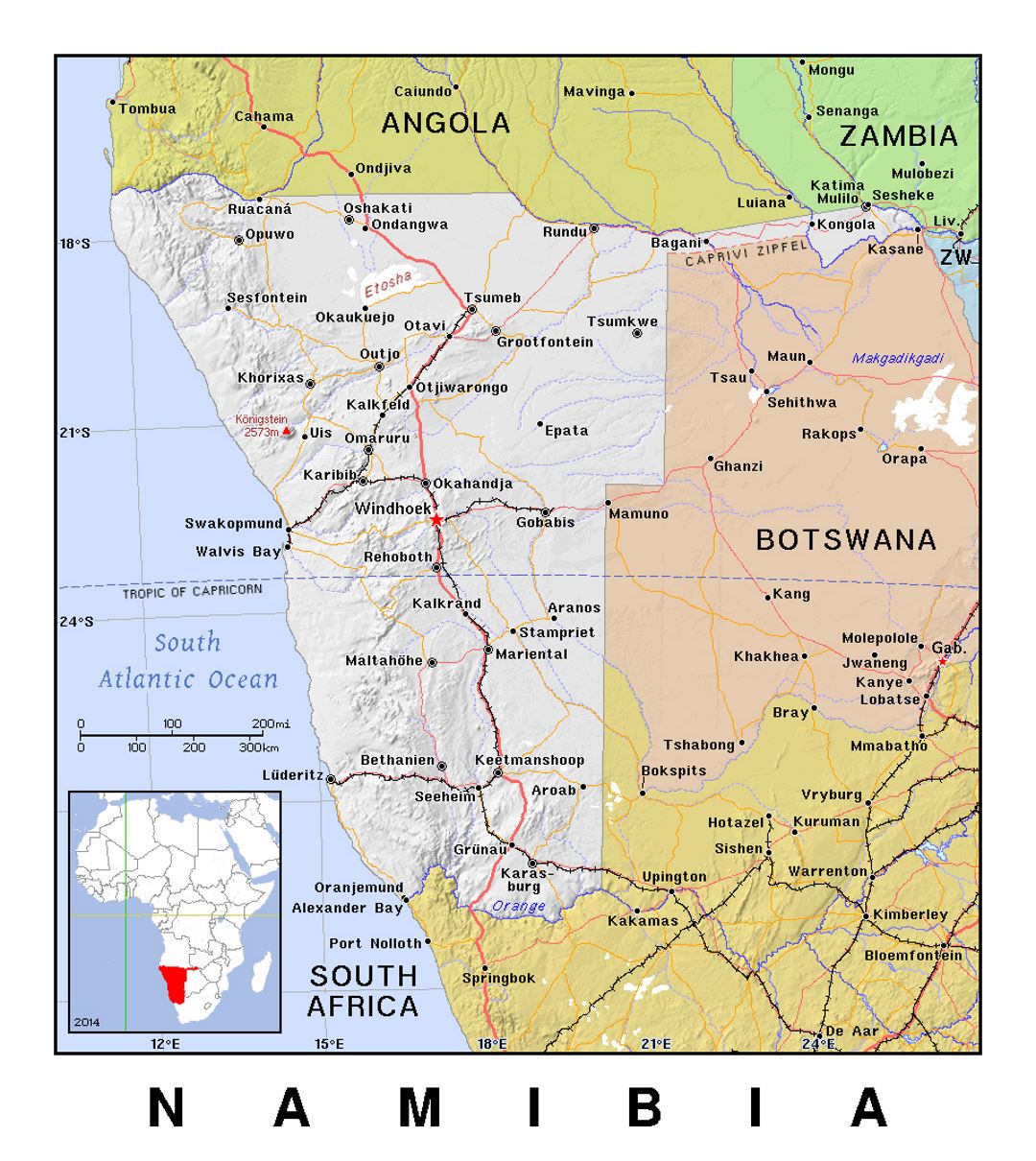 Детальная политическая карта Намибии с рельефом