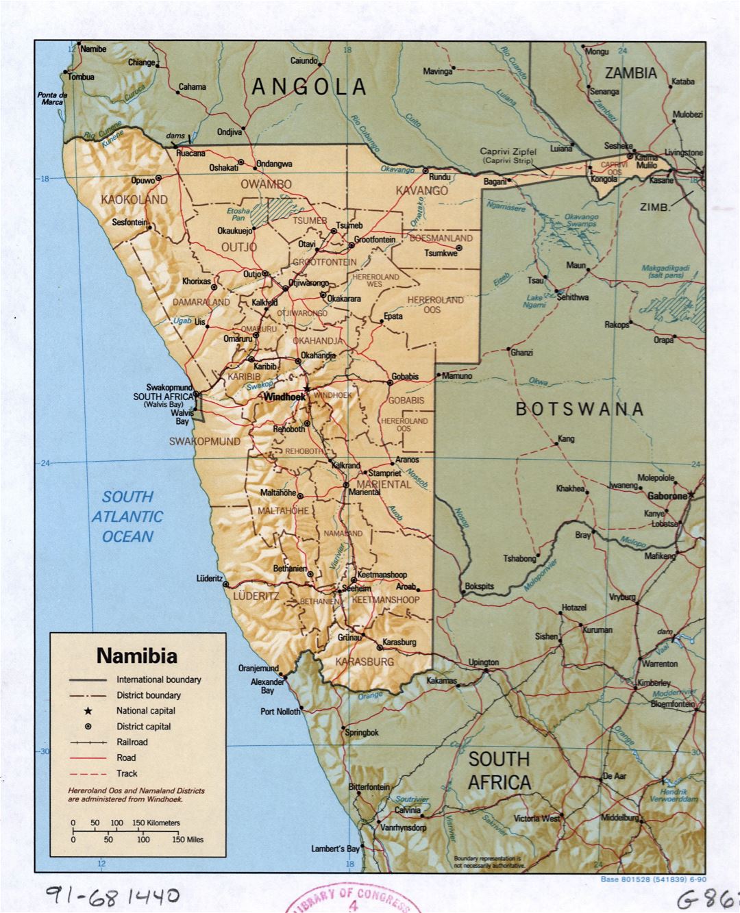 Большая детальная политическая и административная карта Намибии с рельефом, дорогами, железными дорогами и крупными городами - 1990
