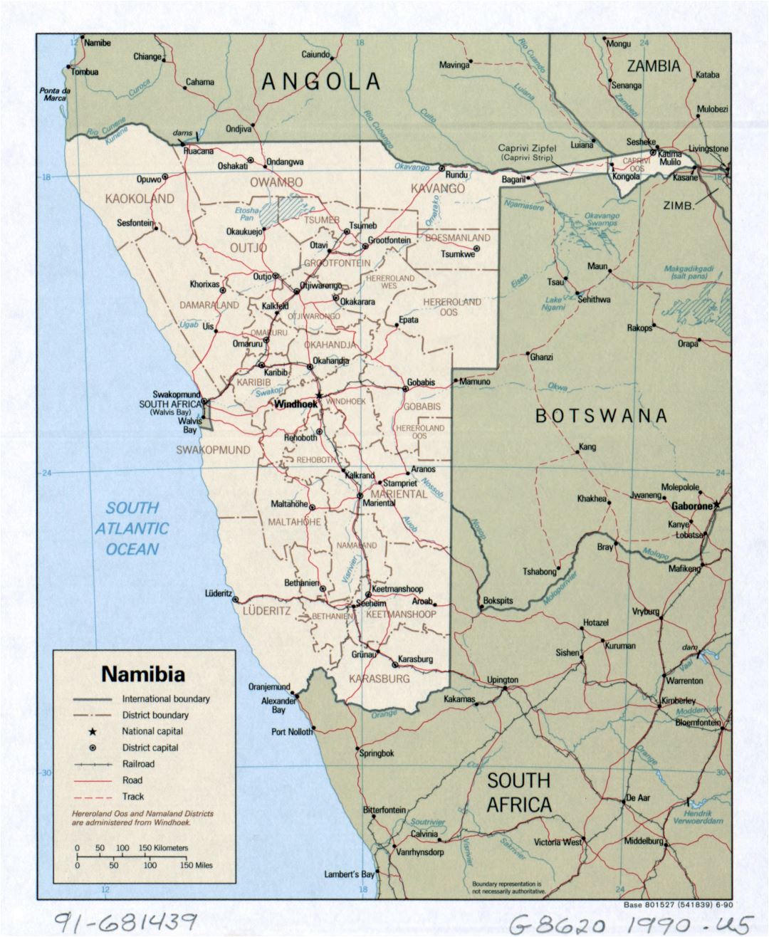 Большая детальная политическая и административная карта Намибии с дорогами, железными дорогами и крупными городами - 1990