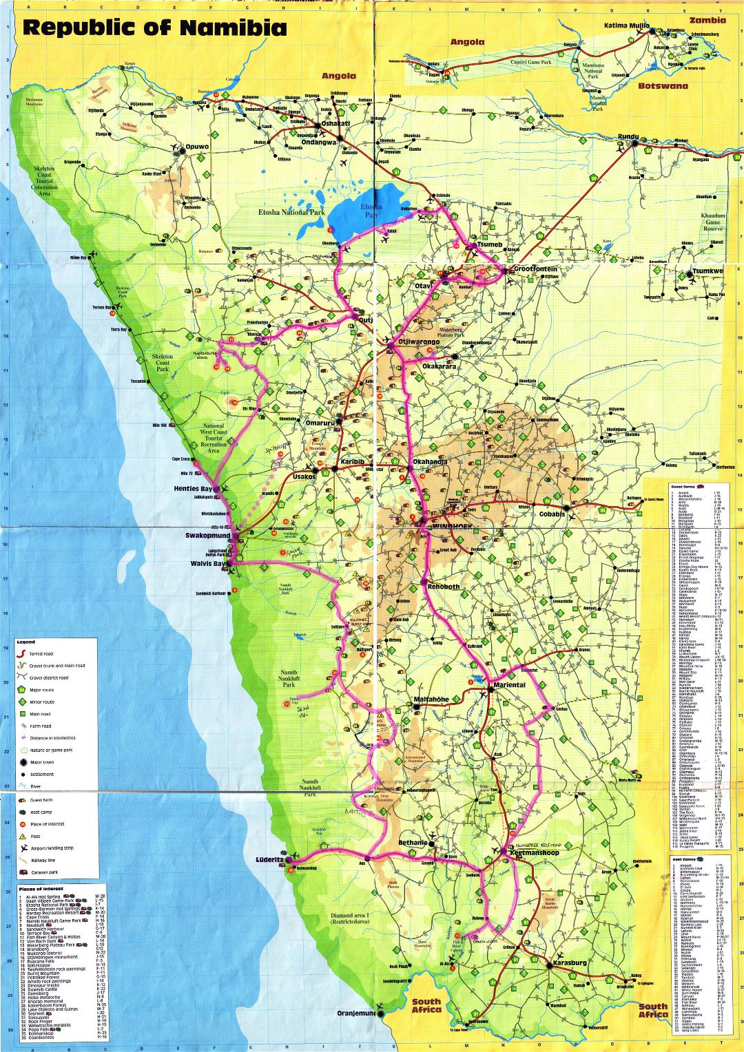 Большая детальная туристическая карта Намибии