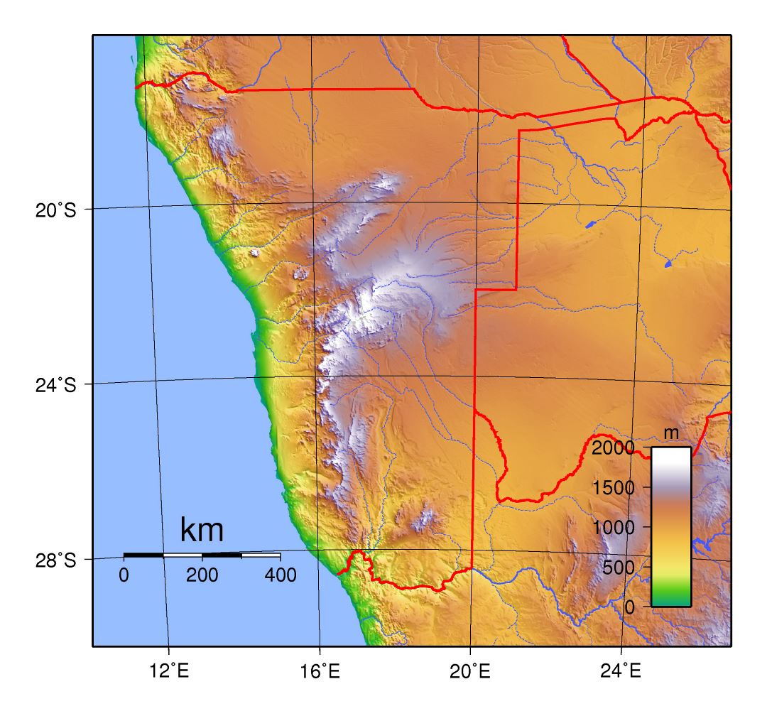 Большая физическая карта Намибии