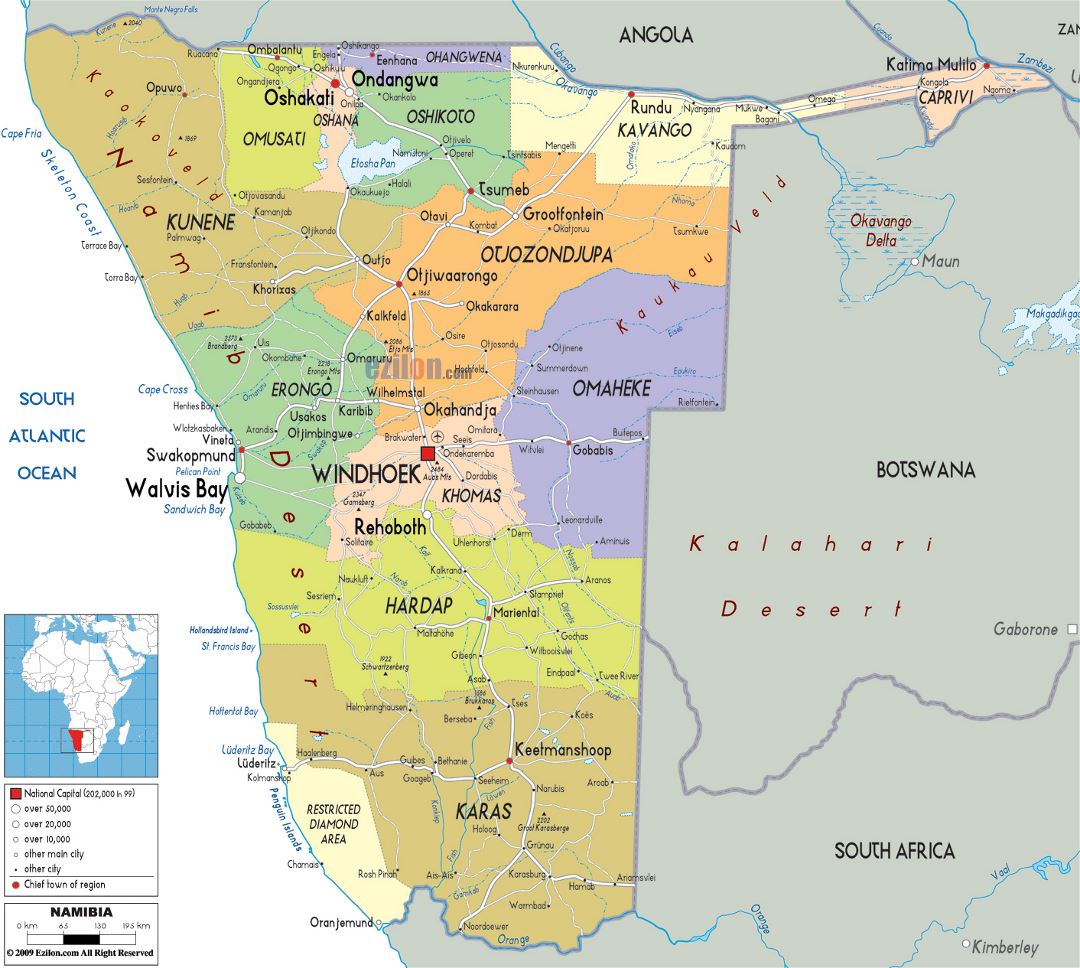 Большая политическая и административная карта Намибии с дорогами, городами и аэропортами