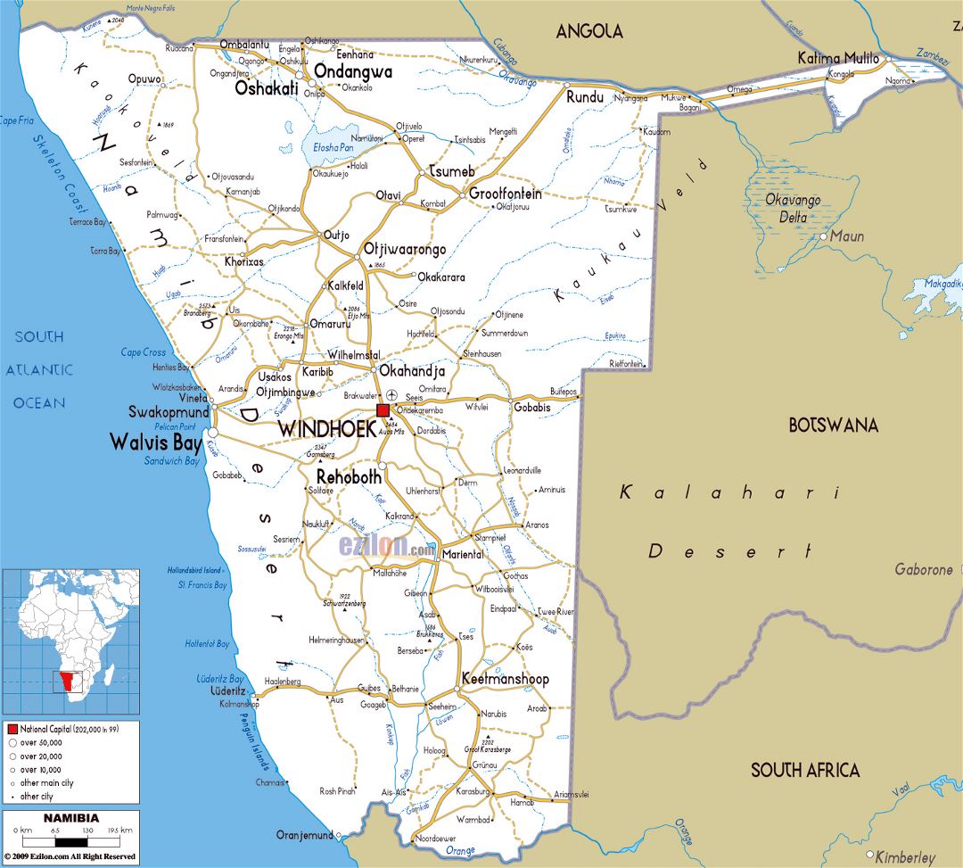 Большая карта дорог Намибии с городами и аэропортами